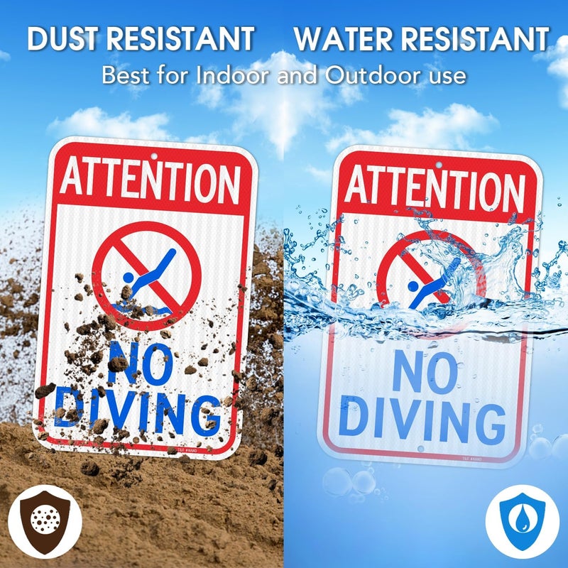 TR (2 Pack) Large Attention No Diving Signs, 18" x 12" Engineer Grade Reflective Sheeting, Rust Free Aluminum, Weather Resistant, Waterproof, Fade Resistant, 2 Pre-drilled Holes - Image 4